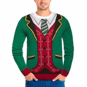 UGLY CHRISTMAS SWEATER XMAS Holiday Mens Crew Elf Elves Suit Shirt Tipsy Tie M